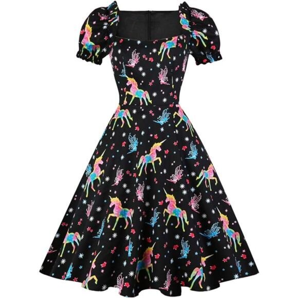 Women's Puff Short Sleeve 1950s Party Dresses Unicorn - Picture 2 of 5